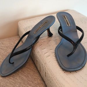Manolo Blahnik Kitten Heel Black Patent Sandals